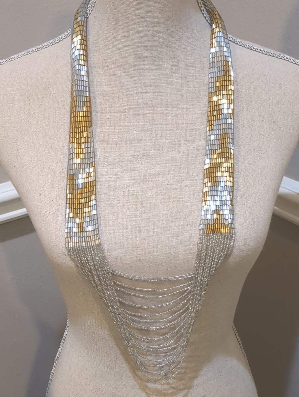 Gold and Silver Mosaic Beaded Draped Necklace